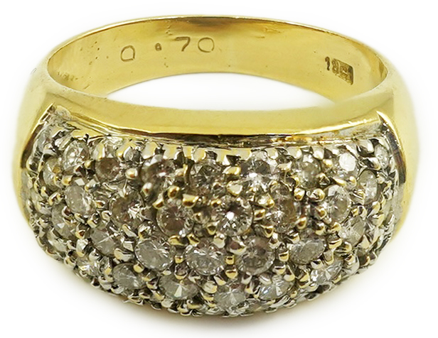 A modern 18k gold and diamond cluster set domed ring